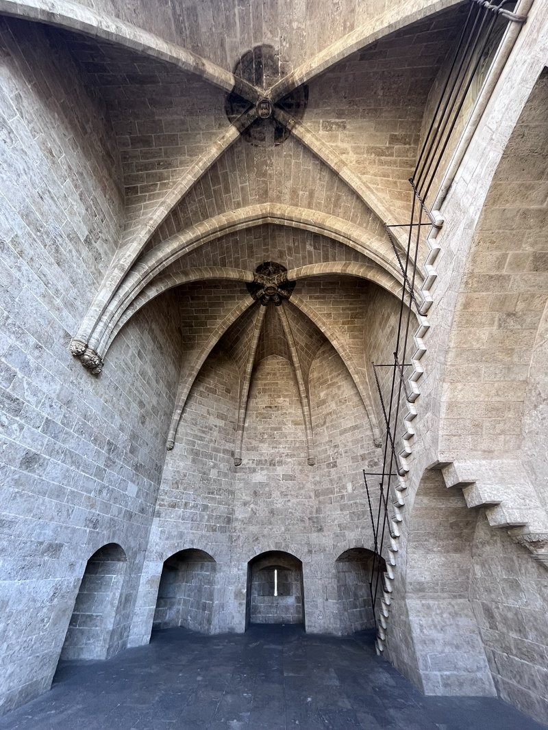Medieval stone vaulting and stairs inside the Torres de Serranos in Valencia.